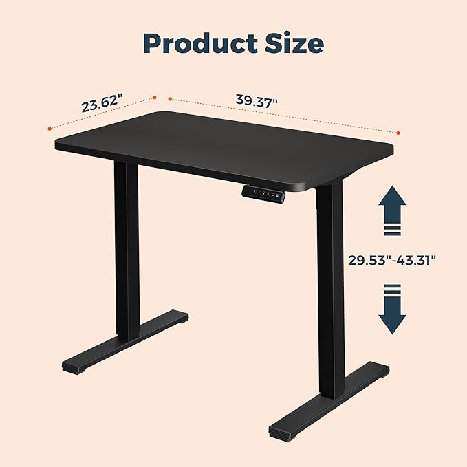 One-Piece Standing Desk 40 x 24 Inches Small Adjustable Height Desk for Small Space Electric Sit Stand Desks Home Office Computer Workstation Black