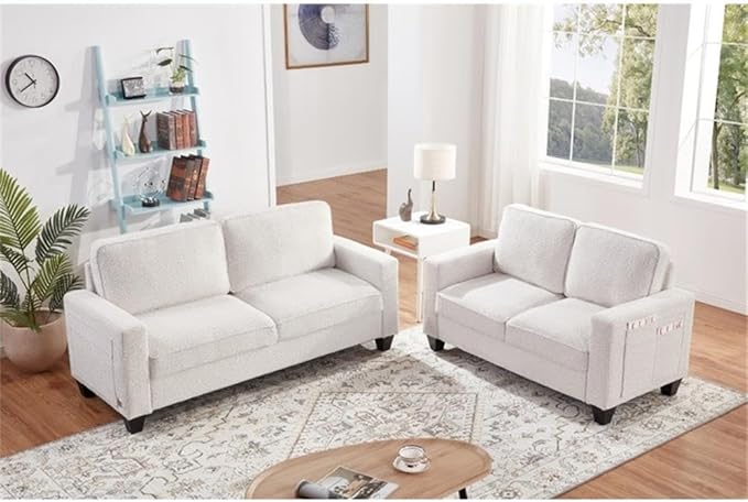 BOWERY HILL Transitional 57 W Boucle Fabric Loveseat Sofa with Built-in USB Charging Port and Functional Side Pockets in Beige