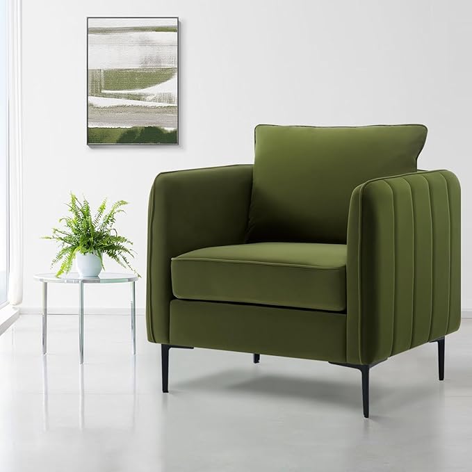 Mid Century Modern Accent Chair Comfy Upholstered Single Sofa Chair with Thick Cushion Velvet Armchair with Black Metal Legs Side Chair for Living Room Bedroom Apartment (Green)