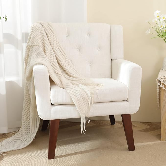 Living&ampGiving Accent Chair Button-Tufted Upholstered Living Room Chairs Comfy Reading Mid Century Modern with Linen Fabric Lounge Arm for Bedroom (Beige) 29.33D x 28.94W x 34.65H Inch
