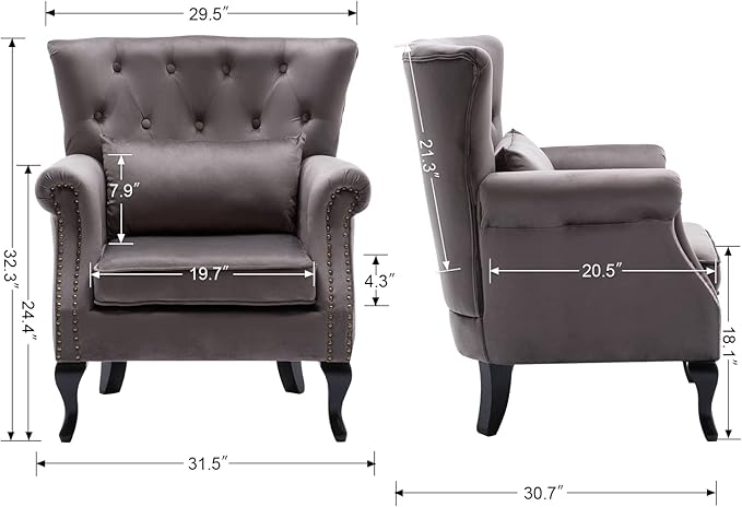 Kmax Velvet Tufted Accent Chair Mid Century Oversized Chair Comfy Sofa Chair Padded Seating WingBack Unique Wood Legs Home Club Bedroom Living Room Grey