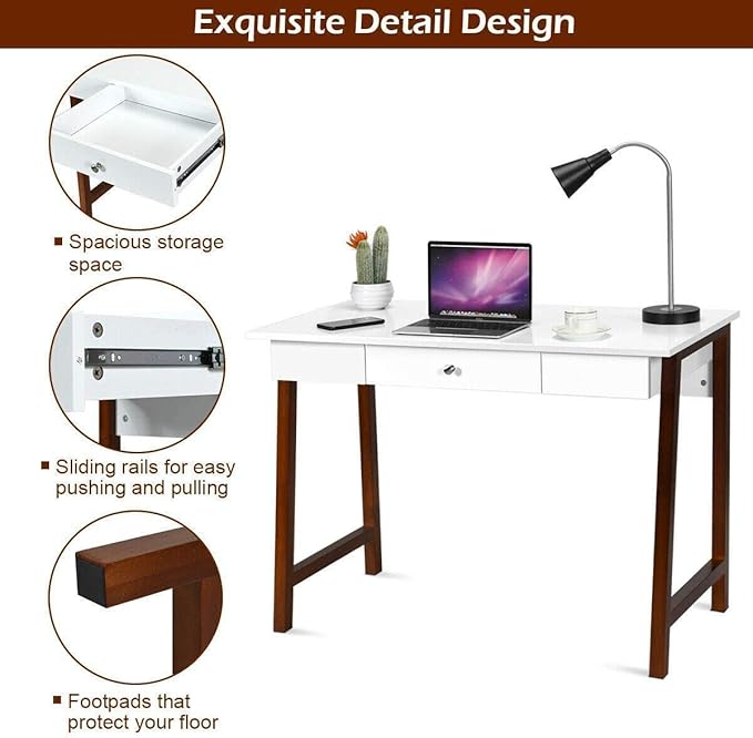 Moccha Writing Desk Computer Laptop Table w/Storage Drawer Solid Wood Frame Makeup Dressing Vanity Desk for Home Large Space Study Table Workstation for Office Sturdy and Durable Easy Assembly