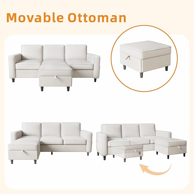 Sectional Sofa and Couches for Living Room - 78'' Beige 3 Seat L-Shaped Couch with Storage Ottoman Modern Linen Convertible Sectionals Sofas with Chaise for Apartment Office Small Space