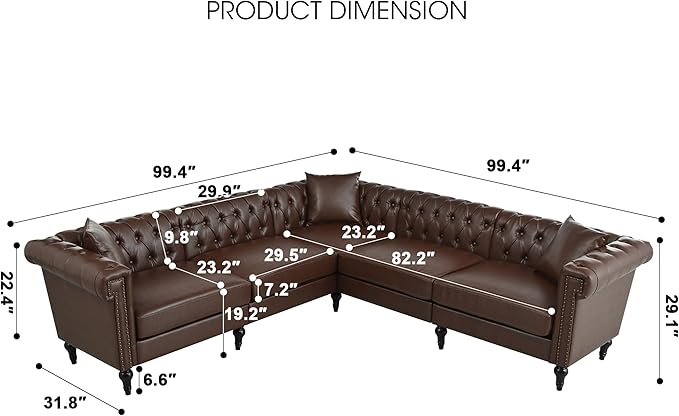 KEIKI 99 L-Shaped Luxury PU Leather Chesterfield Sectional Sofa with Rolled Arms and Nailhead Mid-Century Style Oversized 5-Seater Button Tufted Couch Easy Assembly for Living Room Dark Brown