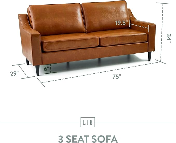 Edenbrook Jensen Upholstered Couch - Camel Faux Leather for Living Room - Small Seats Three - Scoop Arm Modern Furniture