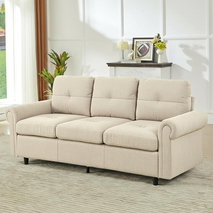 81.1 3-Seater Fabric Sofa Modern Living Room Couch with Rolled Arms and Stitch-Tufted Cushions Comfortable Upholstered Sofa for Home or Apartment (White 3 Seater)