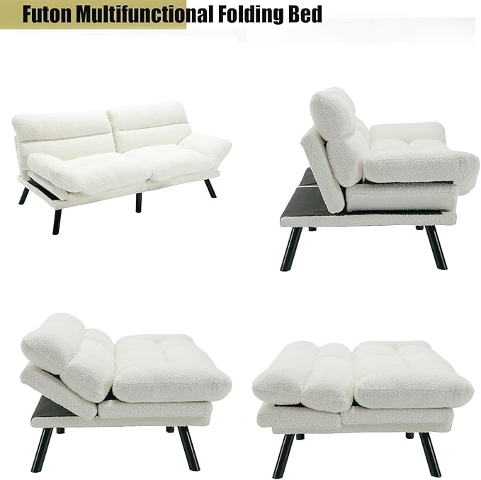 White Modern Teddy Velvet Convertible Folding Futon Couch Sofa Bed Adjustable Pillow Top Arm Memory Foam Couch Double Love Seat Sofa for Compact Space Dorm Apartment Bedroom Loveseat (White)