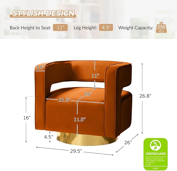 TINA'S HOME Swivel Accent Barrel Chair Modern Velvet Armchair with 3D Curved Open Back &amp Swivel Gold Metal Base Upholstered Club Chair for Living Room Bedroom Nursery Orange(No Assembly Require