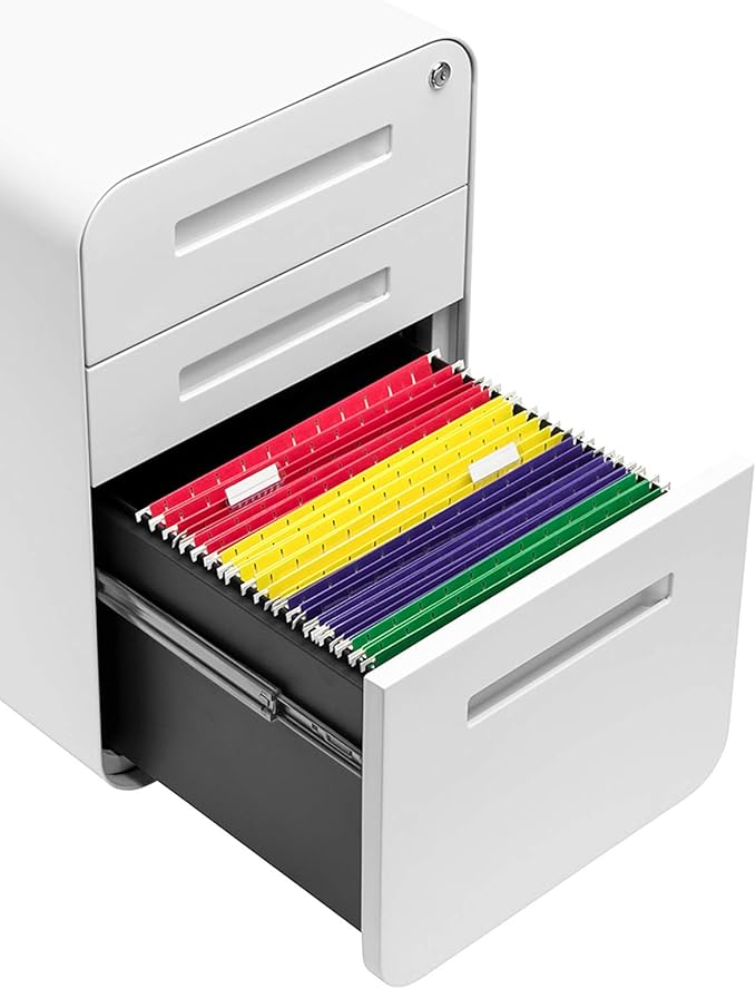 Laura Davidson Furniture Stockpile 3 Drawer File Cabinet with Lock - Under Office Desk Metal Filing Cabinet Legal/Letter File Folders Wheels and Stationary Feet Pre-Assembled White