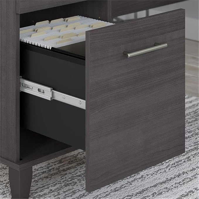 Pemberly Row 60W L Shaped Desk with Storage Storm Gray Finish Engineered Wood Pull-Out Keyboard Tray File Drawer Vertical Cabinet Wire Management Home Office Corner Desk