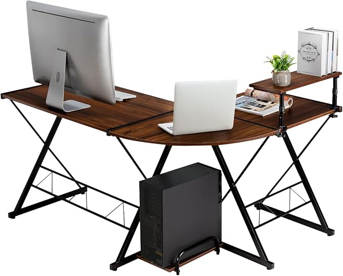 POWERSTONE L Shaped 58 Work from Home Computer Desk Rustic Writing Office Workstation Corner Curved Gaming Table with Monitor Stand and Storage Shelve