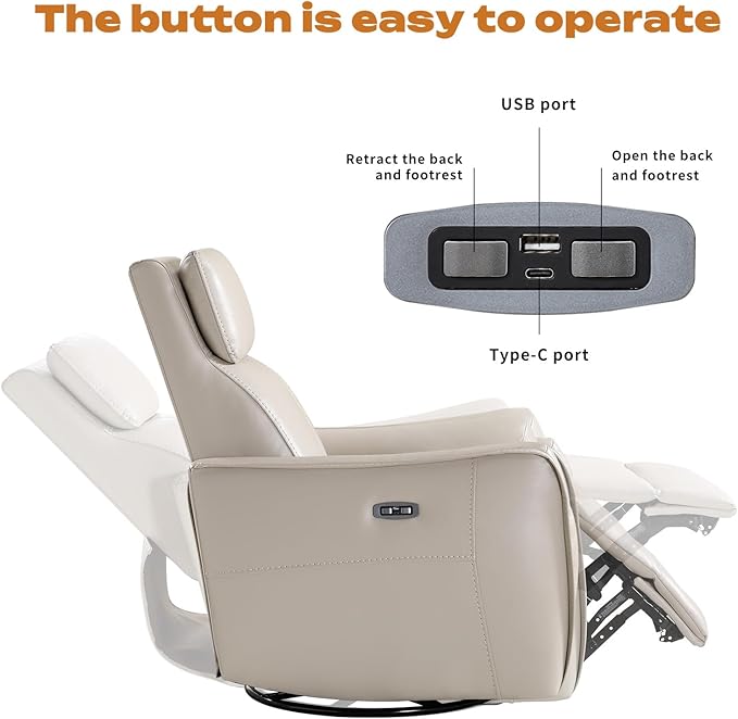 CANMOV Power Swivel Rocker Recliner Chair Electric Swivel Glider Rocker Recliner for Nursery Faux Leather Upholstered Rocking Reclining Chair with USB Port for Living RoomGrey
