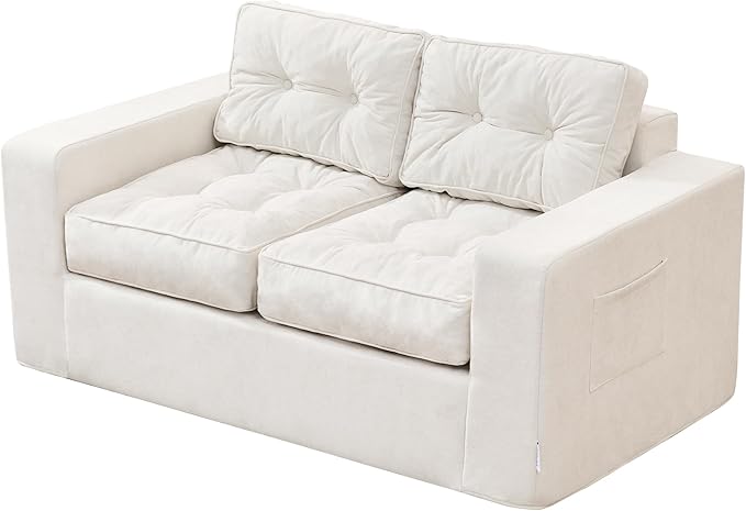 Hobestluk Sofa Couch Loveseat Sofa with Chenille Fabric 2-Seater Sofa for Small Spaces Comfortable Foam Floor Sofa 2 in 1 Boneless Couch for Living Room Bedroom Apartment or Office (Beige Loveseat)