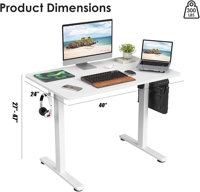 Standing Desk 40x24 Inch Sit Stand Desk Electric Height Adjustable Home Office Desks with Splice Board Ergonomic Rising Modern Lift Motorized Gaming Desktop Workstation (White)