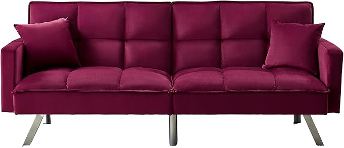 Legend Vansen 80'' Velvet Love seat Convertible Futon Two Pillows Sleeper Couch with 3 Adjustable Backrests Sofa Bed Large Sleeping Area Sofabed Red