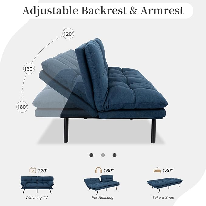 Opoiar Futon Sofa Bed Convertible Memory Foam Foldable Couch Modern Sleeper Loveseat with Adjustable Armrests&ampBackrests for Small Spaces Office Studio Apartment Dorm Game Room