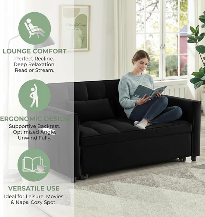 Loveseat Sleeper Sofa 3 in 1 Convertible Sofa Bed Adjustable Backrest Comfy Pull Out Couch Modern Upholstered Sofa for Living Room Bedroom Apartment Small Space (Black)
