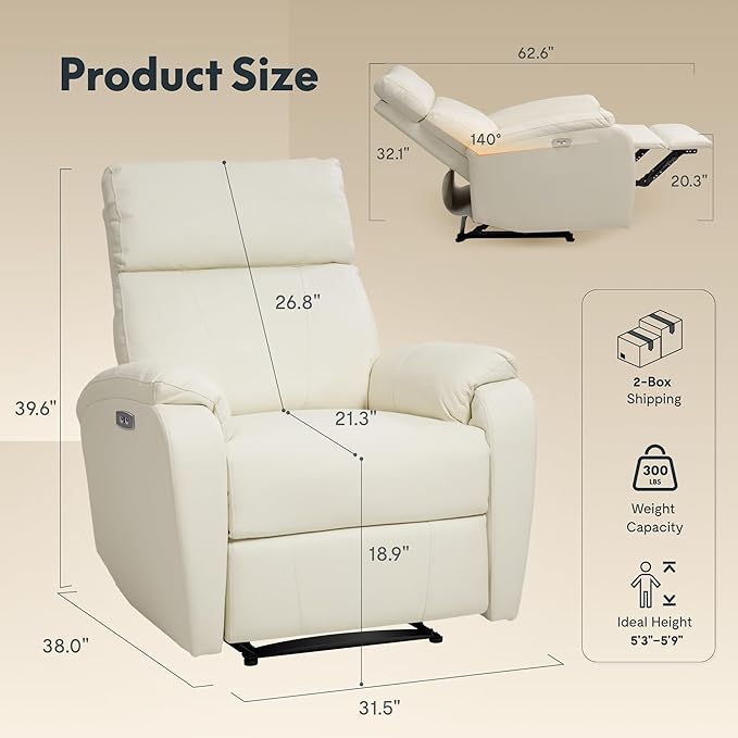 FLEXISPOT X3 Power Recliner Chair Adjustable Electric Recliner with USB Port Thick Cushion &amp Padded Back Comfortable Faux Leather Chair for Adults Living Room Nursery Home Theater (White)