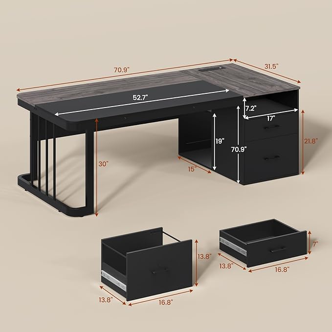 70.9 Executive Desk with Power Outlet Large Office Desk with Drawers &amp Lateral File Cabinet Modern Long Computer Desk with Adjustable Storage Shelves Workstation Business Furniture (Grey)