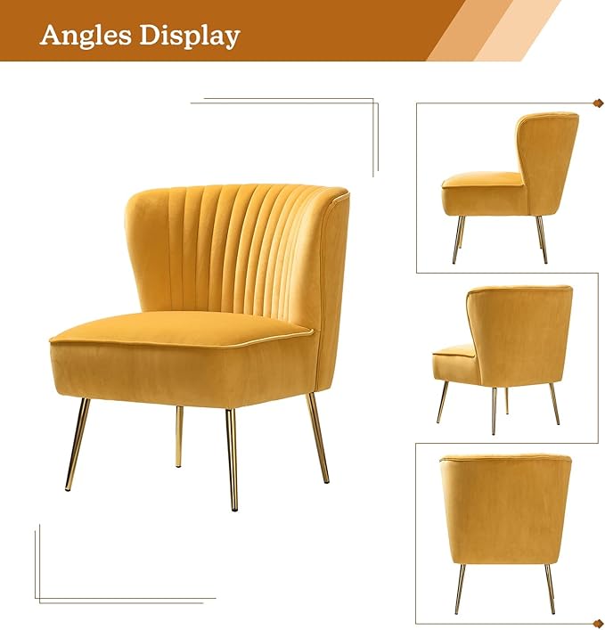 HULALA HOME Velvet Accent Chair Modern Upholstered Cute Side Chair with Gold Metal Legs Armless Wingback Slipper Chair Comfy Living Room Chair for Bedroom Guest Room VanityMustard