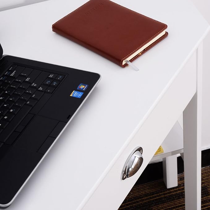 Corner Desk Compact Home Office Corner Desk Organizer90 Degrees Triangle Computer Table Laptop Writing Table for Small Spaces with Storage Shelf and Drawer (White)