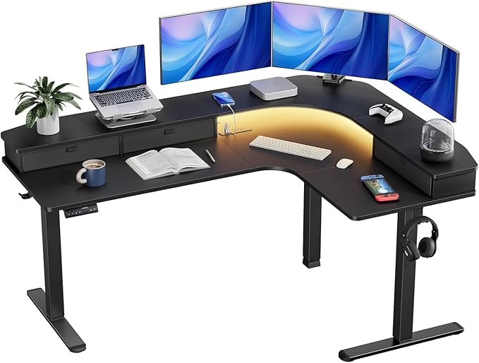 HUANUO 65″ L-Shaped Standing Desk with Power Outlets &amp LED Strip Electric Height Adjustable Corner Computer Desk Sit Stand Up Desk with 3 Drawers Black