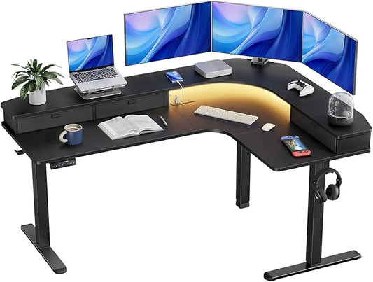 HUANUO 65″ L-Shaped Standing Desk with Power Outlets &amp LED Strip Electric Height Adjustable Corner Computer Desk Sit Stand Up Desk with 3 Drawers Black