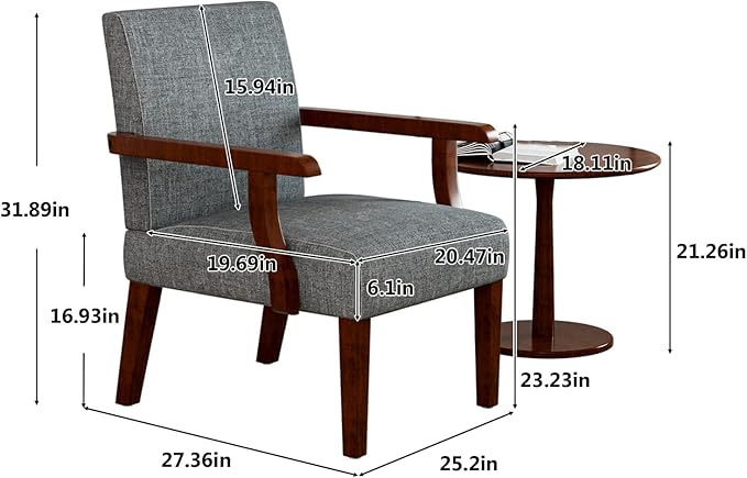 2PCS Accent Chairs with Table Set Fabric Upholstered Modern Accent Armchair Wood Frame Wide Corner Chair with Round Side Table for Small Space (Grey)