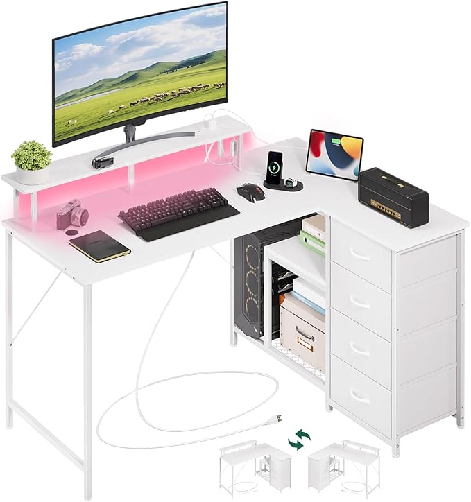 Somdot 53 L Shaped Desk with 4 DrawersReversible Home Office Desks with Power OutletsGaming Desk with USB Charging Port and Host StandCorner Desk with Storage Shelves for GamingWhite Leather