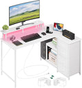 Somdot 53 L Shaped Desk with 4 DrawersReversible Home Office Desks with Power OutletsGaming Desk with USB Charging Port and Host StandCorner Desk with Storage Shelves for GamingWhite Leather
