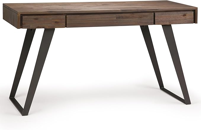 SIMPLIHOME Lowry Desk - 54 Inch Wide Solid Acacia Wood and Metal Writing Desk in Rustic Natural Aged Brown Modern Industrial Home Office Computer Table with 2 Drawers and Flip-Down Keyboard Tray