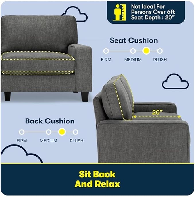 Pemberly Row Modern 73 Track Arm Sofa Removable Covers Polyester Upholstery Gray Finish Compact Design for Living Room or Home Office Solid Wood Frame High-Density Foam Cushions