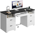 Bestier 59” Computer Desk with 4 Drawers Office Desk with Storage Modern Executive Desk with Charging Station Keyboard Tray &amp Wooden Pedestals on Both Sides for Home Office &amp Studio White