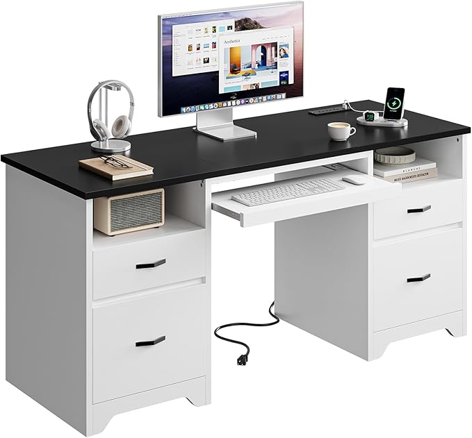 Bestier 59” Computer Desk with 4 Drawers Office Desk with Storage Modern Executive Desk with Charging Station Keyboard Tray &amp Wooden Pedestals on Both Sides for Home Office &amp Studio White