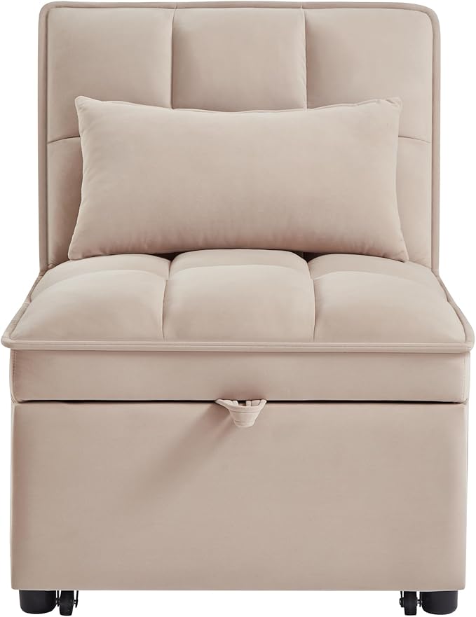 Ball &amp Cast 4 in 1 Convertible Sleeper Chair Velvet Single Sofa Bed with Side PocketsPull Out Couch with Adjustable Backrest and Pillow Multi-Function Chaise Lounge for LivingroomTaupe