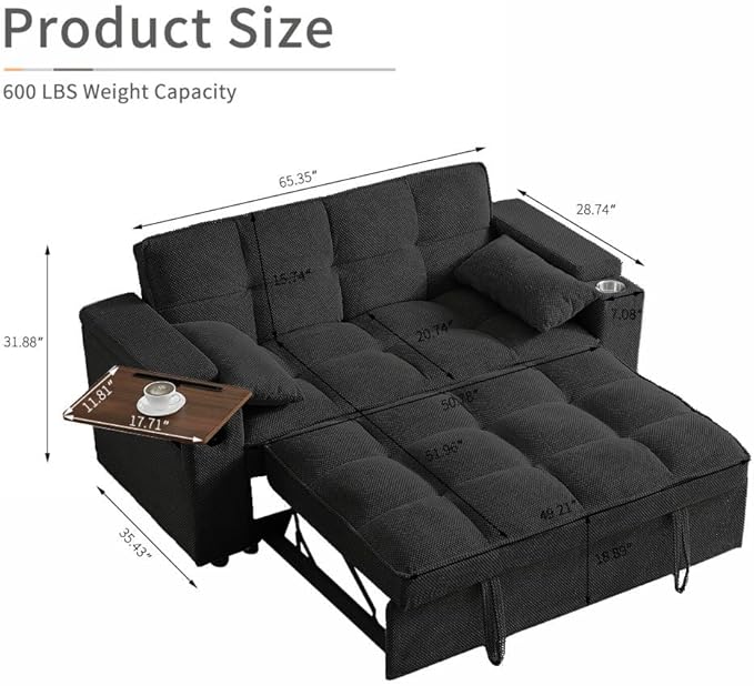 65'' Convertible Sleeper Sofa Bed with Adjustable Backrest Chaise Lounge Side Table &amp USB/Type-C Ports – Stylish &amp Functional Addition to Any Living Room (Black Sofa-1)