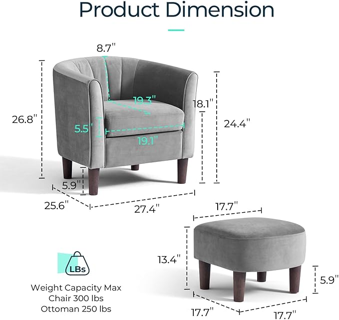 LINSY Accent Chair Set of 2 Velvet Barrel Chair with Ottoman Modern Comfy Small Armchair for Small Spaces Reading Room Living Room Bedroom Kids Room Office Grey