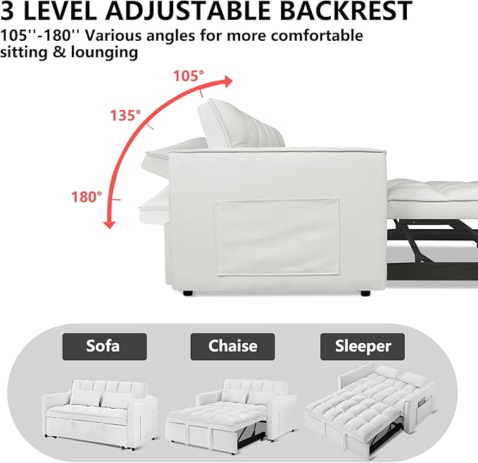 53'' Convertible Sleeper Sofa Bed Modern Velvet Fabric Adjustable Backrest Side Pocket and 2 Pillows 3-in-1 Pull Out Loveseat Couch for Living Room Bedroom Small Spaces Beige