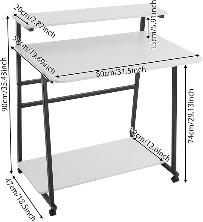 Small Office Mobile Computer Desk 3-Tier Laptop Table with Storage Shelves Tiny Computer Desk with Wheels for Home Office Bedroom Living Room Studio (White+Black)