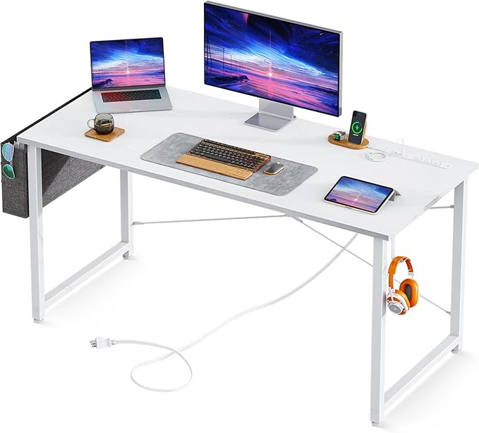 AODK 48 inch Small Computer Desk with Power Outlet for Small Spaces Home Office Student Laptop PC Writing Desks with Storage Bag Headphone Hook White