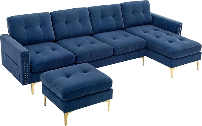 Merax Velvet L-Shape Sofa 4 Seat with Chaise and Movable Ottoman 110.6 Sofa Couch for Living Room Apartment Office (Blue)