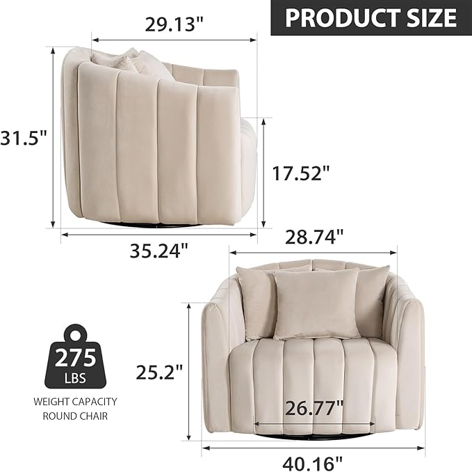 Chifee &amp Vingol 40.35 W Swivel Accent Barrel Chair 2PCS Velvet Round Barrel Chair with 3 Pillows 360 Degree Swivel Armchair for Living Room Bedroom Beige