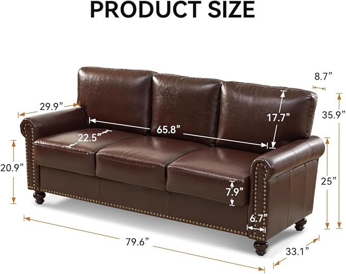 80 Faux Leather Sofa with Storage Mid-Century Modern Rolled Arm Couches for Living Room Furniture Nailhead Trim Easy Tool-Free Assembly Dark Brown