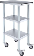 AmGood Stainless Steel Work Table with 2 Shelves and Casters | Metal Utility Table On Wheels (Stainless Steel Work Table with 2 Shelves + Casters 15 Long x 24 Deep)
