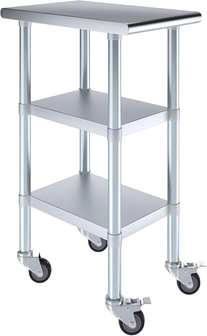 AmGood Stainless Steel Work Table with 2 Shelves and Casters | Metal Utility Table On Wheels (Stainless Steel Work Table with 2 Shelves + Casters 15 Long x 24 Deep)