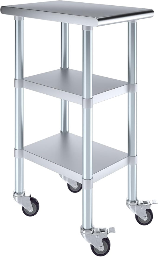 AmGood Stainless Steel Work Table with 2 Shelves and Casters | Metal Utility Table On Wheels (Stainless Steel Work Table with 2 Shelves + Casters 15 Long x 24 Deep)