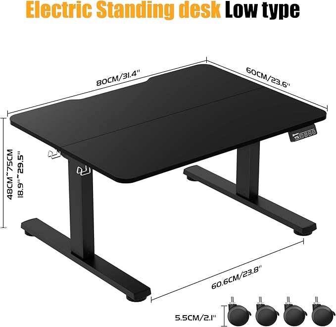 ERGOMAKER Low Height Adjustable Desk with Lockable Wheels Lifts 18.9-29.5 31.5 x 23.6 Electric Small Standing Desk with Splice Board for Home Office &amp Short People(Black Frame Black Desktop