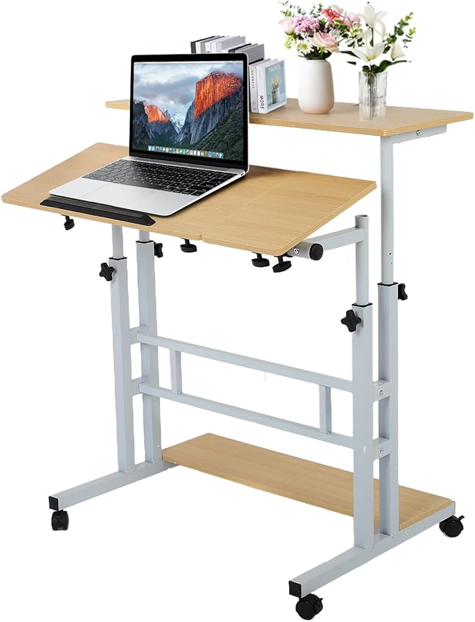 FAHKNS Small Standing Desk Portable Stand Up Desk with Wheels Adjustable Height Computer Desk for Home Reading Desk and Office Work