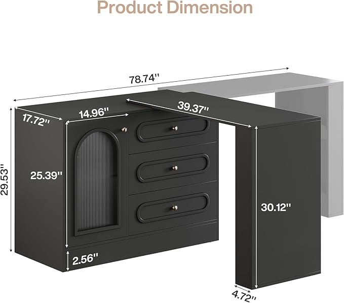Tribesigns L Shaped Desk with 3 Drawers Reversible Corner Desk with Storage 360° Rotatable Study Table with Adjustable Shelves for Home Office Writing Table Workstation for Bedroom (Black)