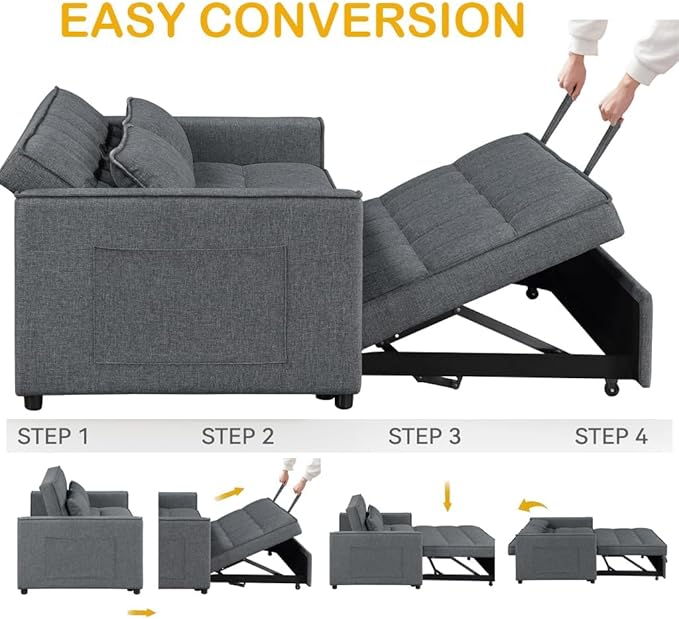 3-in-1 Convertible Loveseat Sofa Bed with Pull Out Bed and Storage Sectional Counch for Living Room Apartment Bedroom Office Adjustable Backrest Darkgray